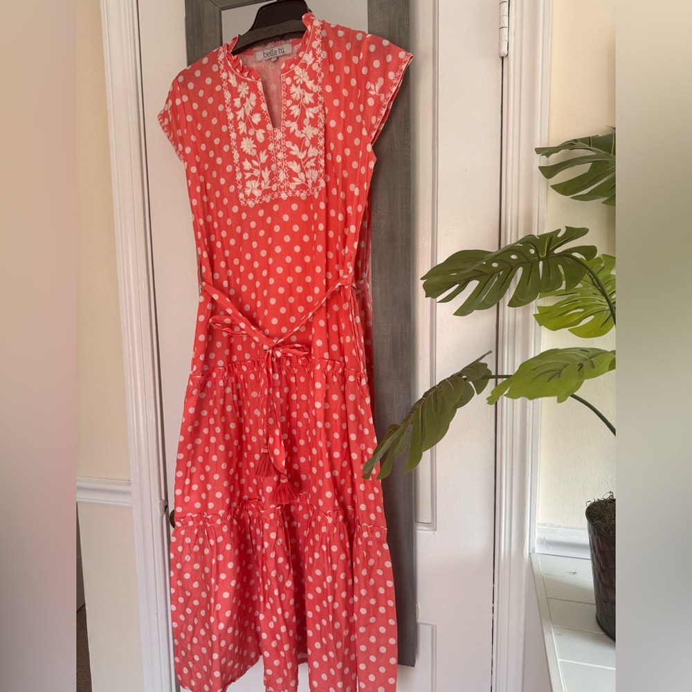 Bella Tu Embroidered Polka Dots Pom Pom Dress